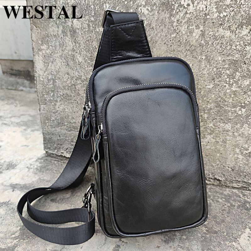 WESTAL 100% جلد البقر حقيبة جلدية حقيقية الرجال حقيبة ساع للرجال أكياس الصدر الأسود للهاتف حقيبة كتف الرياضة عادية