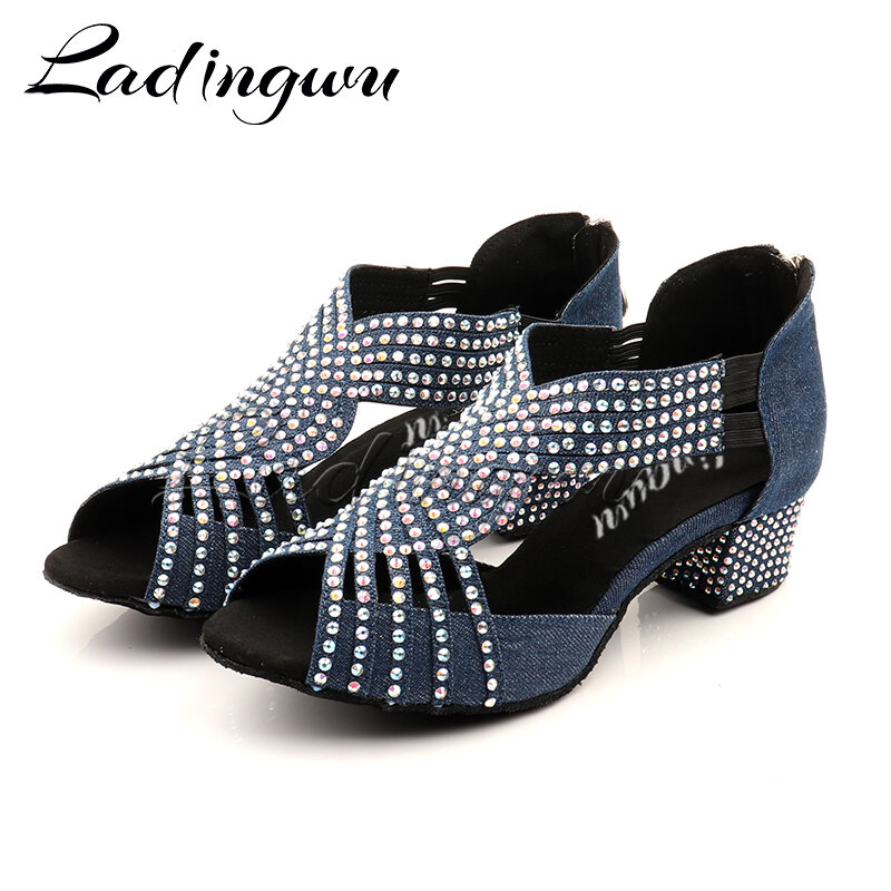 Ladingwu-أحذية رقص لاتينية نسائية بكعب منخفض ، سالسا ، مع غلاف دنيم أزرق داكن ، لامع ، أحجار الراين ، أحذية رقص داخلية