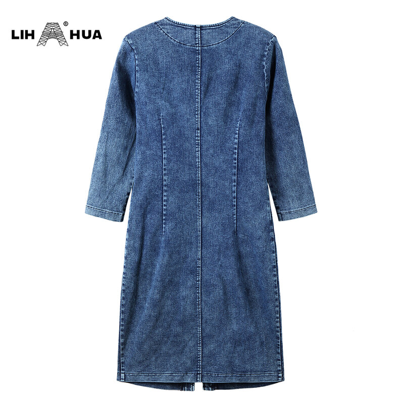 LIH HUA-فستان دنيم نسائي ، مقاس كبير ، مرونة عالية ، نحيف ، غير رسمي ، منسوج