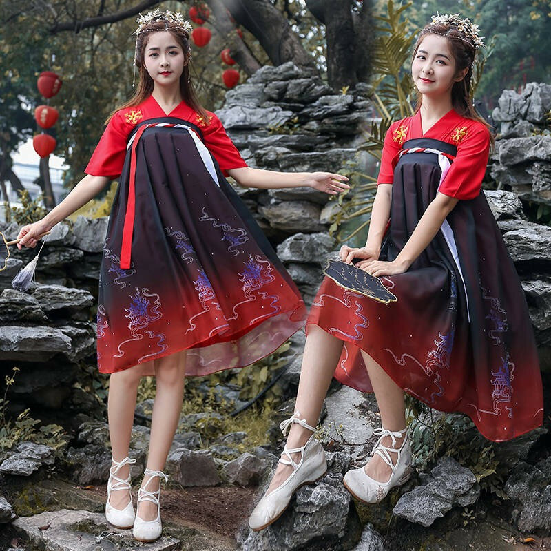 النساء الأصلي الصينية التقليدية Hanfu ازياء نصف كم الأميرة الشرقية أنيقة تنورة القمم مجموعات التصوير ملابس الحفلات