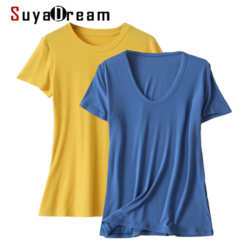 تي شيرت حريمي أساسي من SuyaDream تي شيرت من الحرير الطبيعي بأكمام قصيرة وياقة على شكل حرف U قميص محبوك بأشرطة قميص 2021 صيفي تي شيرت