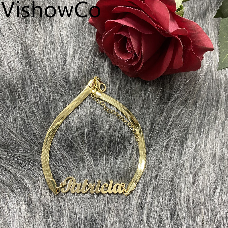 VishowCo مخصص اسم خلخال الفولاذ المقاوم للصدأ ثعبان سلسلة شخصية رسالة اسم قلادة خلخال مجوهرات للنساء هدية