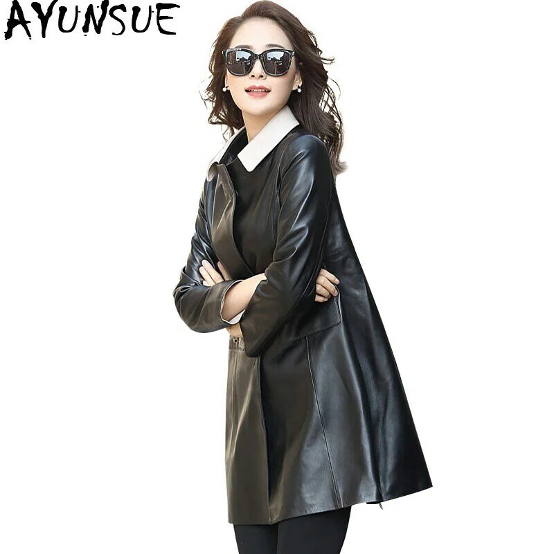 AYUNSUE 100% ريال جلد الغنم معطف الإناث سترة جلدية حقيقية 2020 الخريف الشتاء سترة المرأة الكورية طويل خندق معطف MY3508