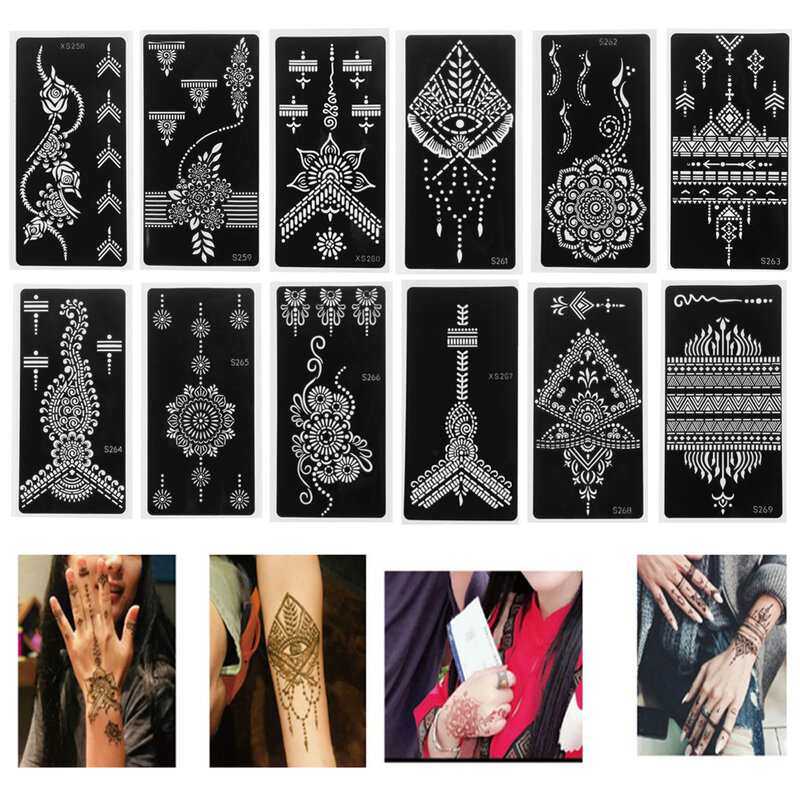 2022 جديد المهنية الحناء Stencil المؤقتة اليد الوشم الجسم الفن ملصق قالب الزفاف أداة زهرة وشم استنسل
