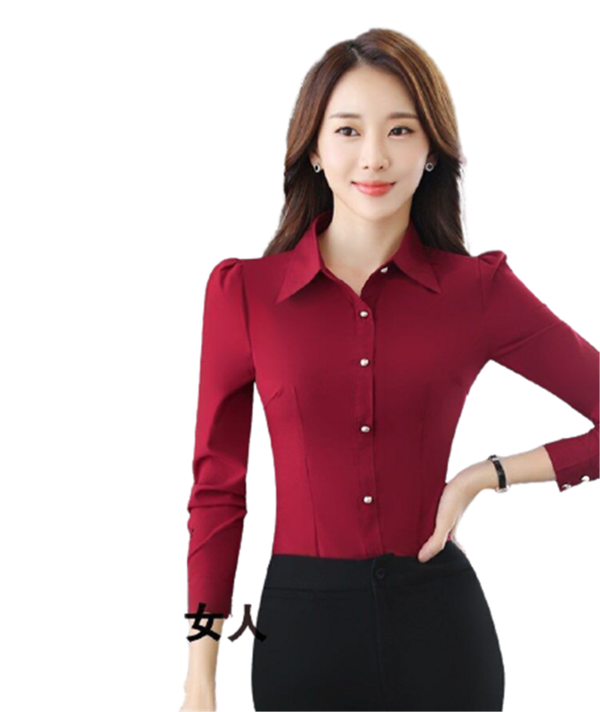 الموضة الكورية ضئيلة قميص مكتب أحمر الخريف النساء التلبيب كم طويل واحدة الصدر ملابس العمل Blusas أنيقة حجم كبير أعلى