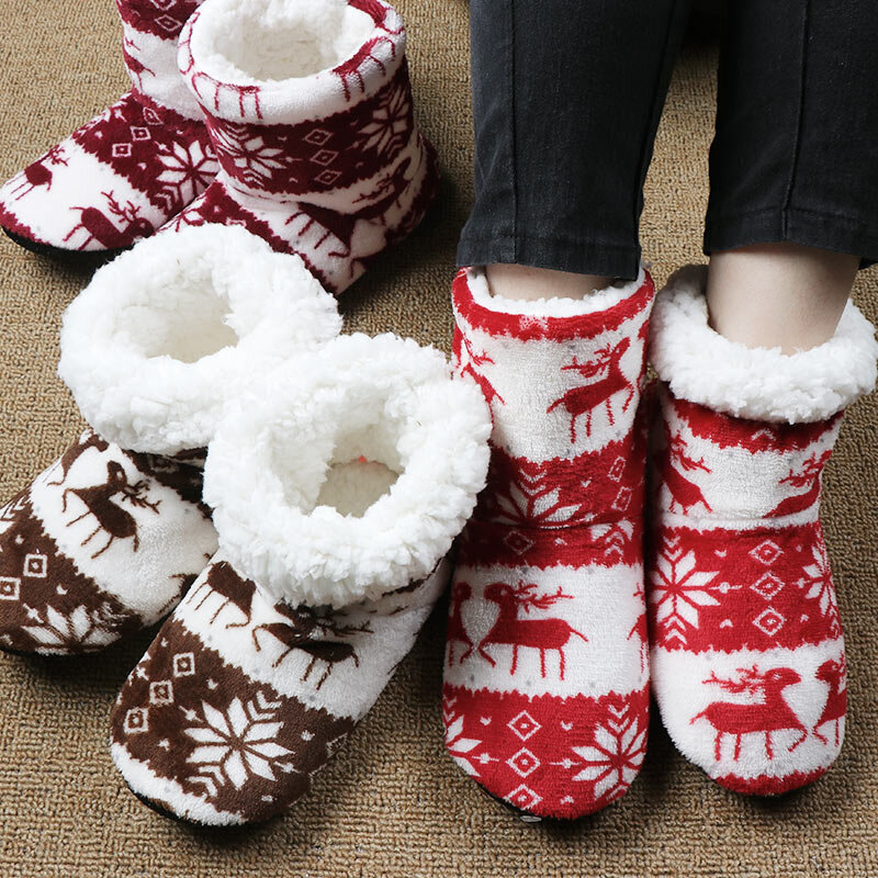 إِلْكَة عيد الميلاد جوارب للاستخدام داخل المنزل أحذية النساء هدية الكريسماس النعال المنزل الشتاء الدافئة الفراء الشرائح السيدات أفخم الطابق جورب
