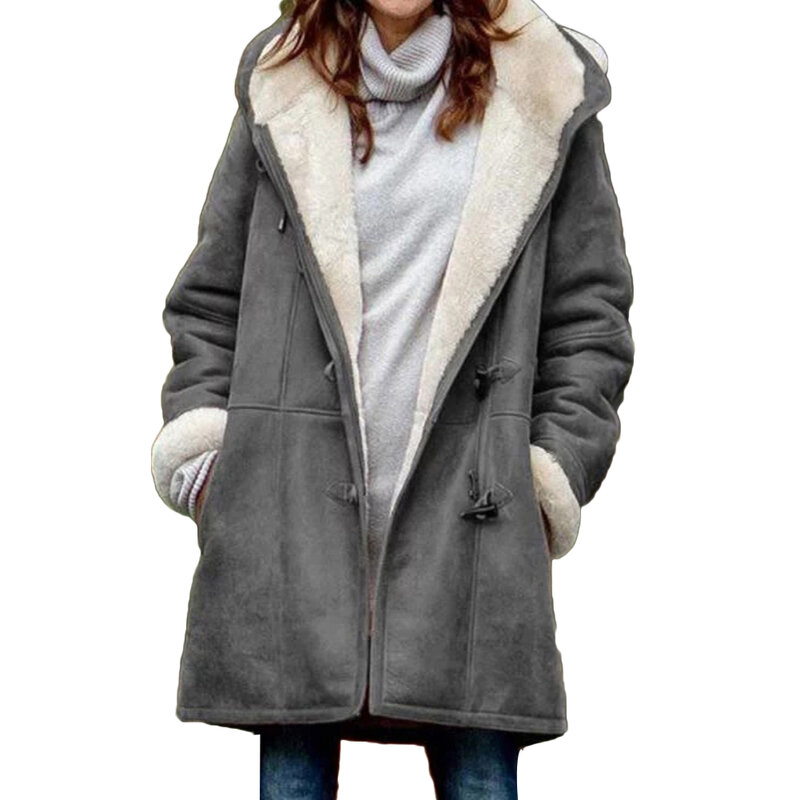 عارضة المرأة الشتاء بلون القرن Buckles الصوف بطانة طويلة معطف مقنع دافئ