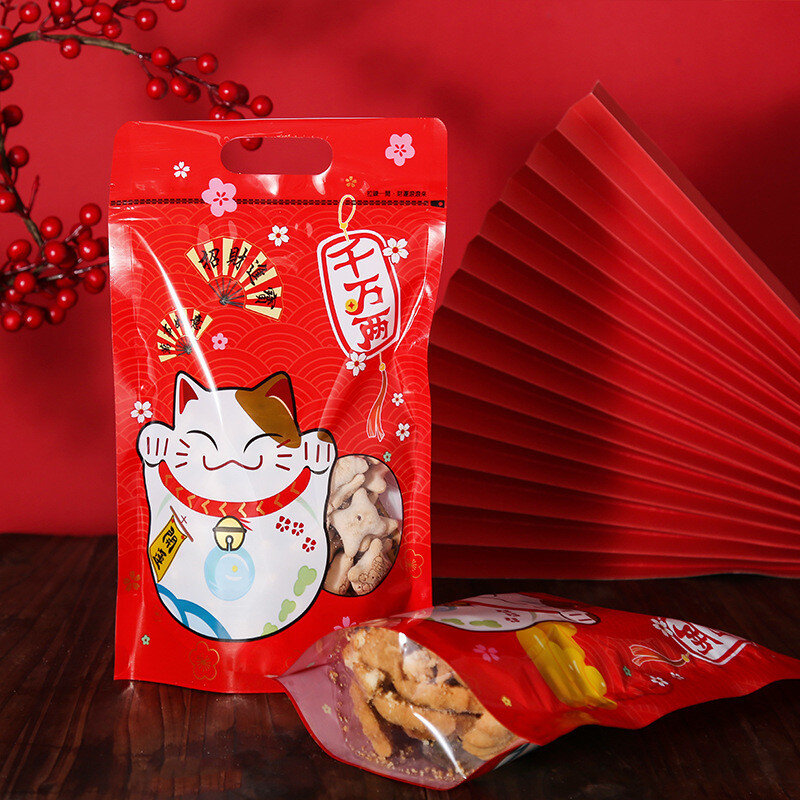 50 قطعة السنة الصينية الجديدة محظوظ القط الثلوج هش نوجا الذاتي سستة حقيبة كوكي الخبز وجبات خفيفة التعبئة والتغليف