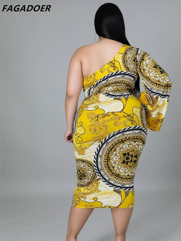 FAGADOER حجم كبير Bodycon فستان المرأة XL-5XL الصيف أنيقة الرجعية طباعة فساتين متوسطة الطول مثير واحد الكتف الجوف خارج Vestidos