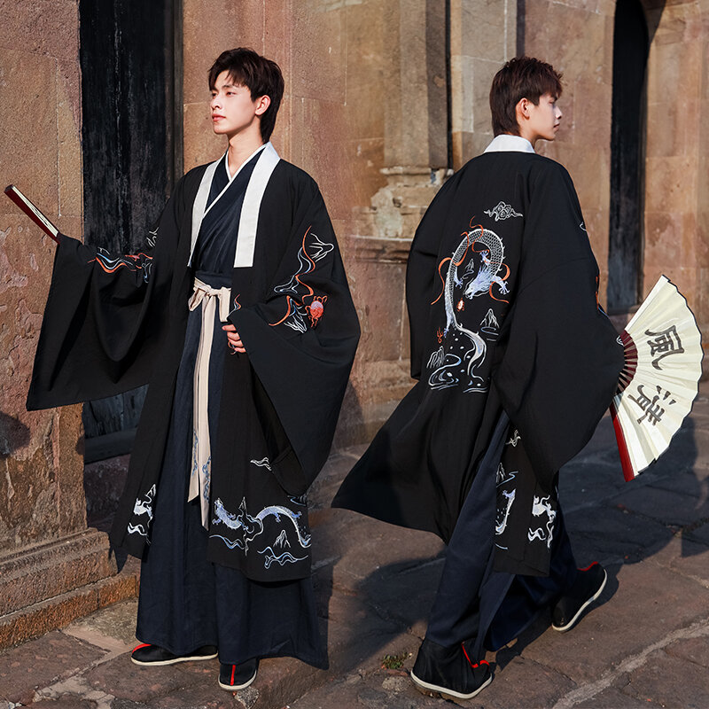فنون الدفاع عن النفس كيمونو مجموعة التنين طباعة Harajuku القديمة خمر الرجال الملابس اليابانية التقليدية مجموعة الأداء الصيني Hanfu