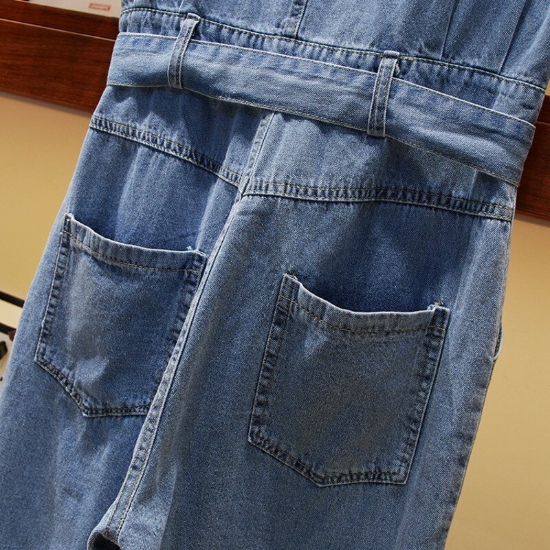 جمبسوت نسائي بأكمام قصيرة ، قطعة واحدة ، دنغري ، فضفاض ، بجيوب ، جينز ، حزام ، صيفي