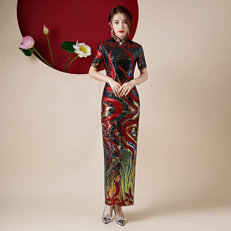 الجدة جديد مثير المخملية الخرز الترتر المرحلة تظهر فستان شيونغسام الرجعية الصينية ضئيلة بروتوكول فستان موضة السنة الجديدة تشيباو