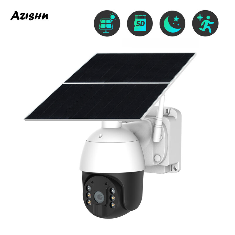 كاميرا مراقبة AZISHN تعمل بالطاقة الشمسية 4 وات 4G 1080 PTZ تدعم بطاقة TF رؤية ليلية ملونة مضادة للماء تكشف الحركة كاميرا IP