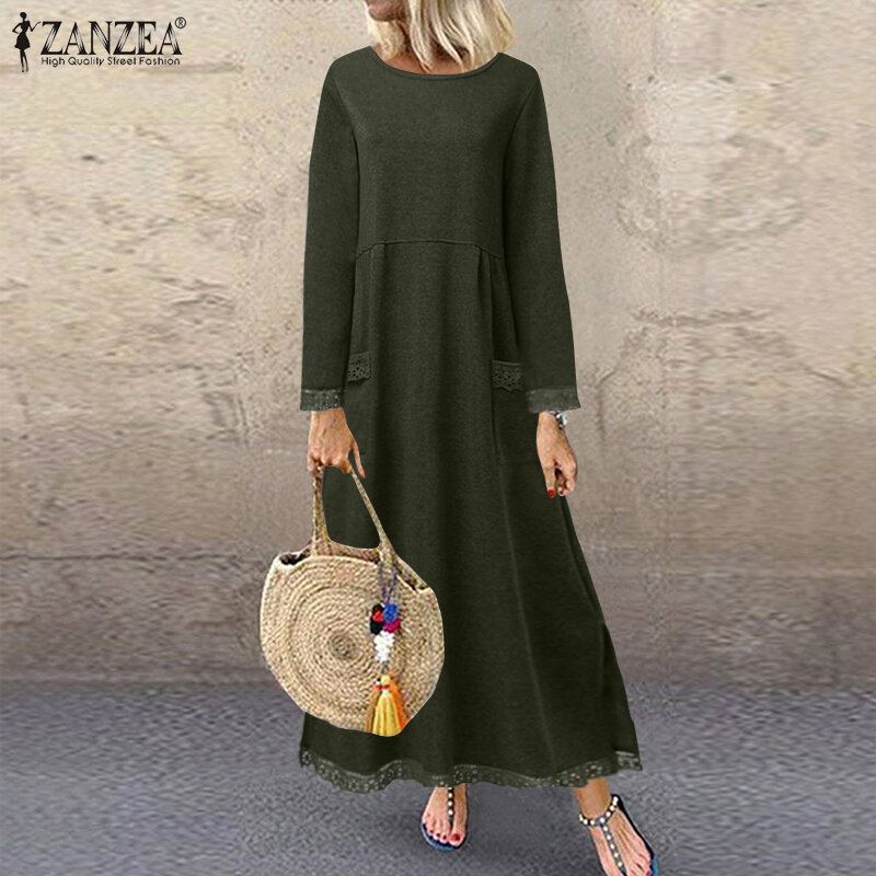 أزياء المرأة الخريف فستان الشمس ZANZEA 2023 الدانتيل المرقعة بلوزات فستان نسائي هوديس ماكسي Vestidos البلوز
