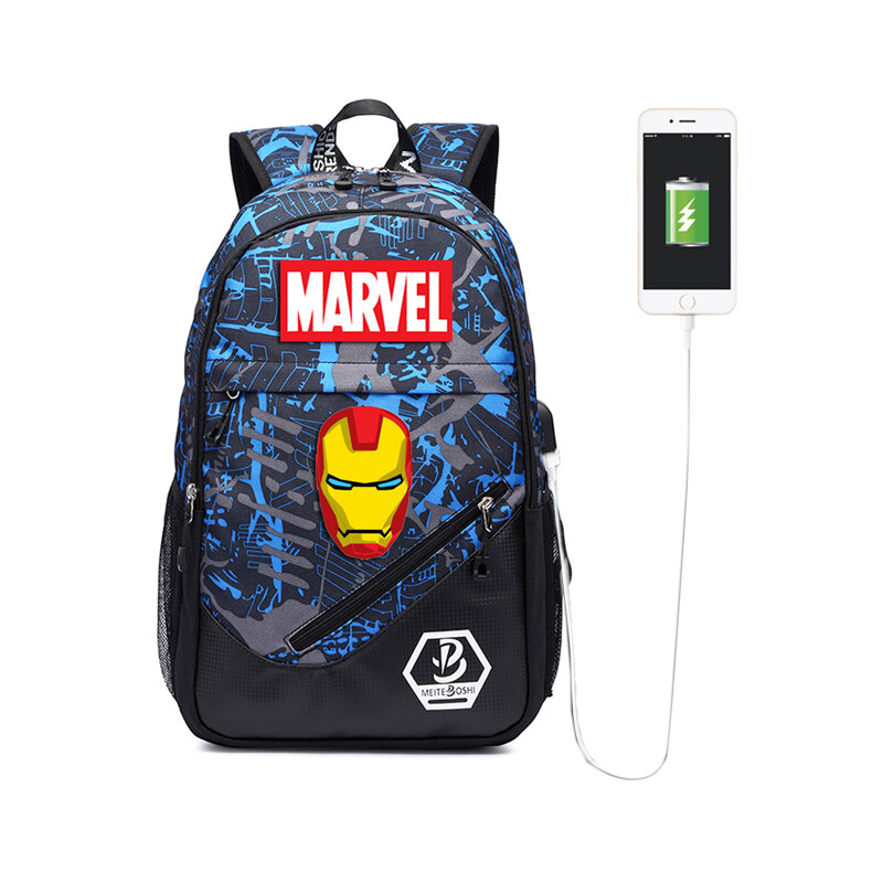 مارفل-حقيبة ظهر مع شاحن USB للمراهقين ، حقيبة كتب مضيئة ، سعة كبيرة ، مقاومة للماء ، للسفر في الهواء الطلق ، طباعة مدرسية