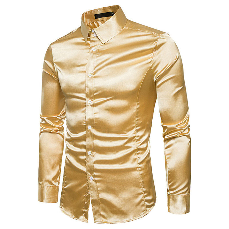 حجم كبير S-XXL الرجال قميص الحرير الحرير السلس الرجال الصلبة سهرة قميص رسمي للأعمال الرجال عادية سليم صالح لامعة الذهب فستان الزفاف قمصان