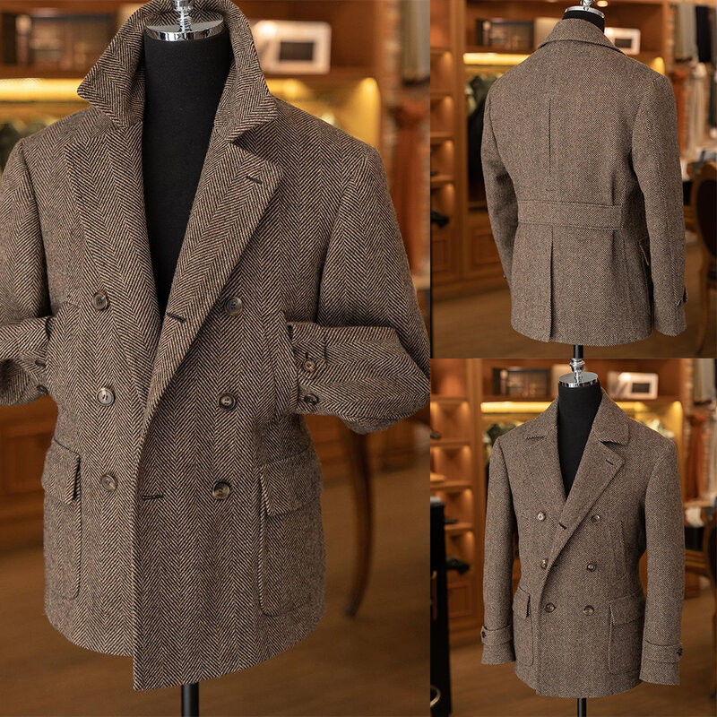 الرجال معطف متعرجة معطف قصير خمر النمط البريطاني جودة عالية موضة الأعمال الرسمية اليومية الدافئة مصممة