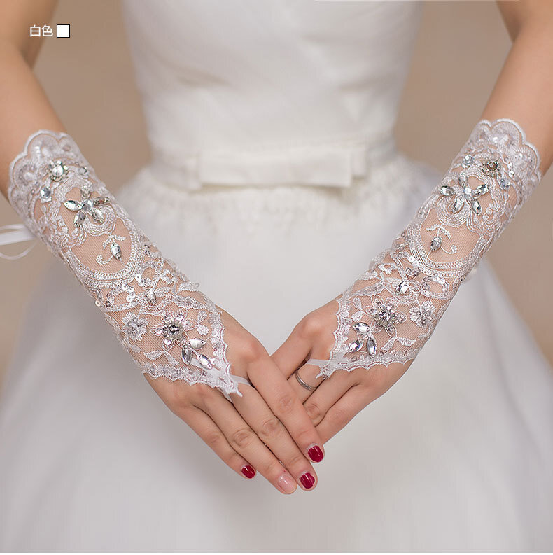 منتصف طول قفازات الزفاف النساء أصابع قفازات الزفاف أنيقة حجر الراين الأبيض قفازات برباط لإكسسوارات الزفاف الزفاف