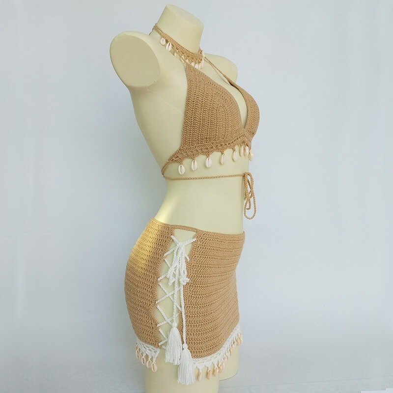 موضة 3 قطعة مجموعة البكيني امرأة شرابة الكروشيه من الدانتيل كيني فستان مثير الشاطئ تنورة صغيرة و قلادة من الصدف