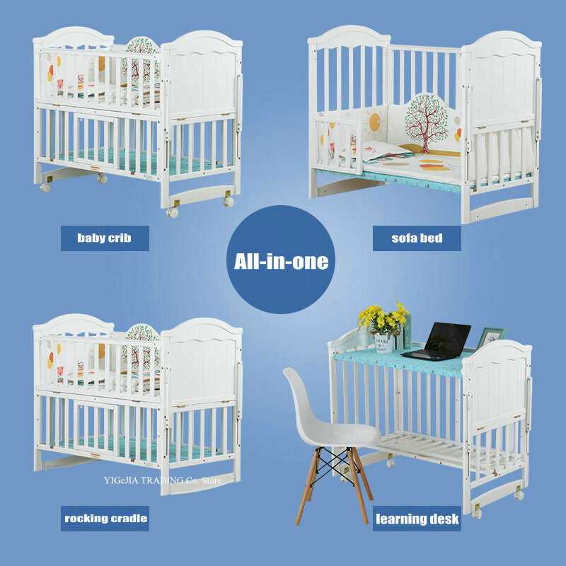 سرير الأطفال الرضع الخشب متعددة الوظائف ، يمكن الجمع بين سرير الكبار ، 106*64*98 سنتيمتر ، تمتد إلى 150 سنتيمتر طول ، سرير طفل أبيض