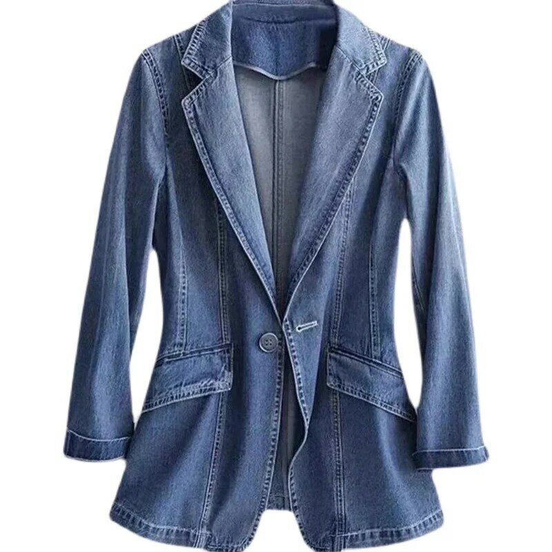جينز بليزر جاكيتات للنساء ملابس 2023 ربيع الخريف جديد الكورية نمط سليم الأزرق الدينيم البدلة معاطف مكتب السيدات بلايز e258