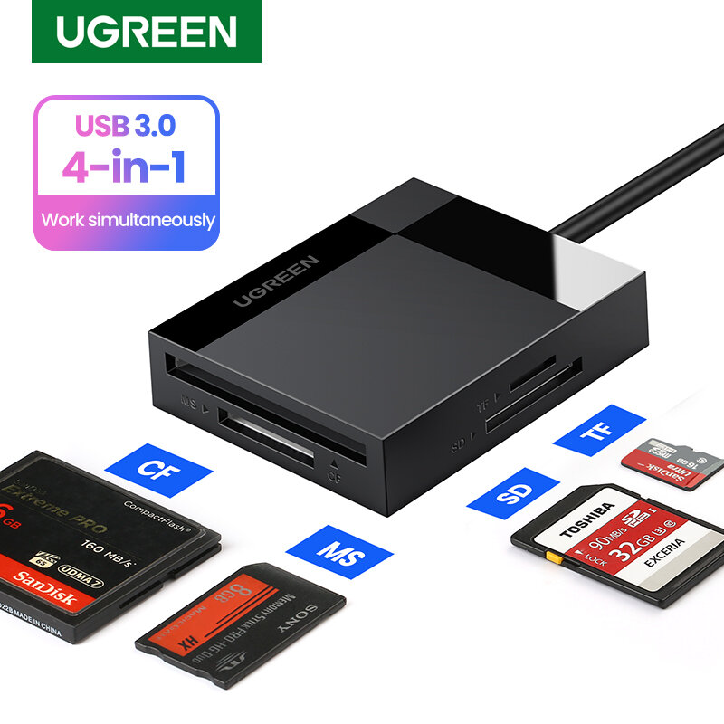UGREEN-قارئ بطاقة فلاش USB مدمج ، USB 3.0 ، 4 في 1 ، Micro SD ، TF ، CF ، MS