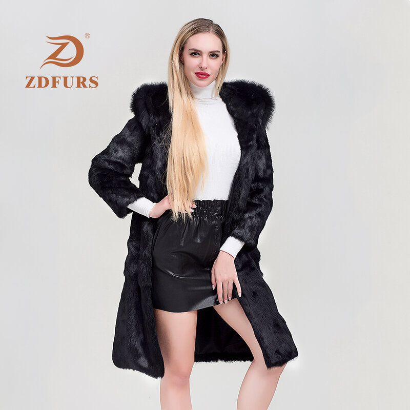 ZDFURS * 2019 موضة معطف الفرو الحقيقي المرأة كم كامل موجة قطع حقيقية الأرنب الفراء الدافئة الشتاء معاطف وسترات مع هود الثعلب