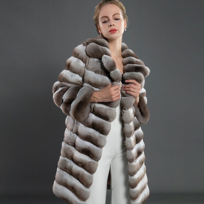 مبهج معطف الفرو النساء الطبيعية ريكس الأرنب الفراء سترة الشتاء أبلى بدلة على الموضة طوق معطف طويل 85 سنتيمتر