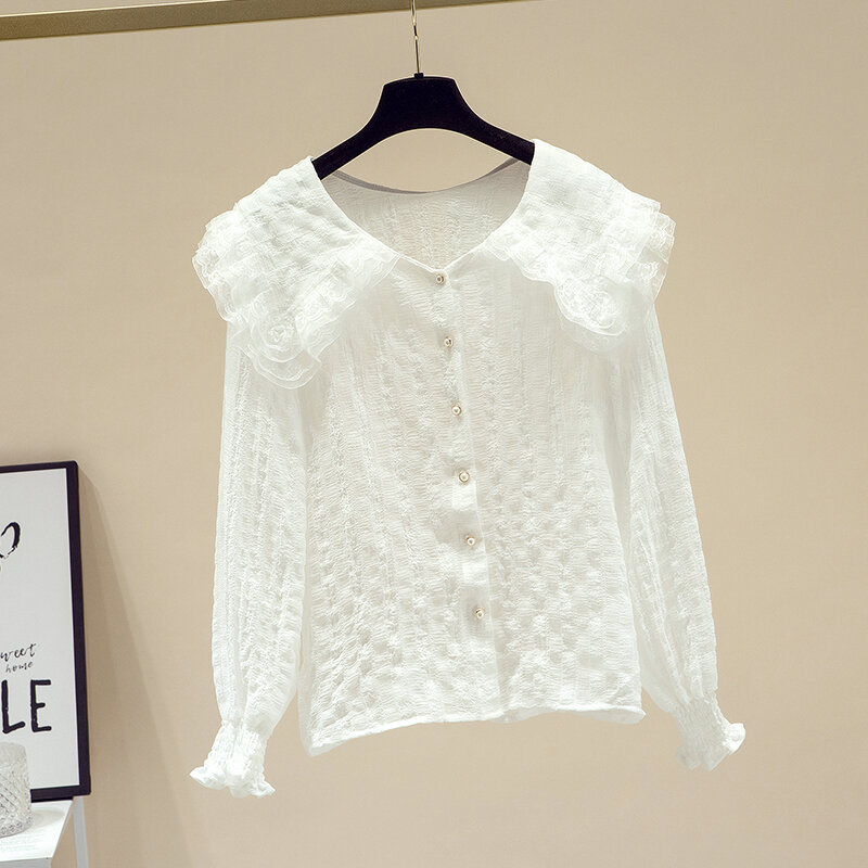 بلوزة نسائية موضة 2021 ربيعية دانتيل مطبوع عليها خياطة على شكل دمية قميص نسائي بأكمام واسعة مطوي شيفون قميص كارديجان