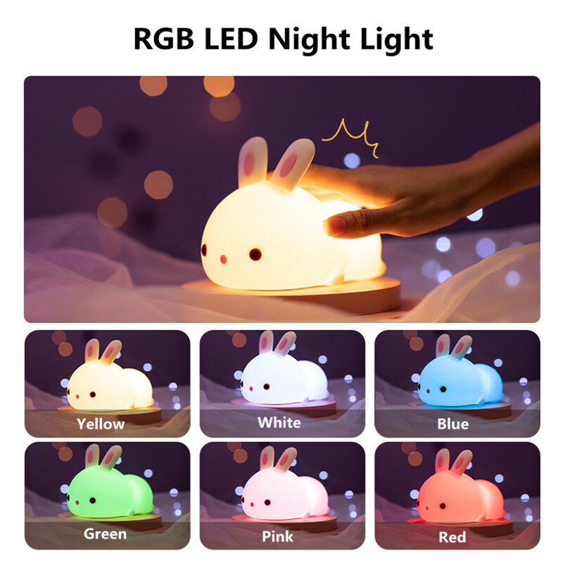 سيليكون الحيوان ليلة الخفيفة للأطفال ، استشعار اللمس ، RGB LED مصباح ، الغزلان سحابة ، أرنب ، القط ، التحكم عن بعد ، هدية الطفل