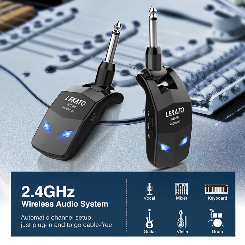 Lekato نظام الغيتار اللاسلكي 2.4Ghz الغيتار جهاز ريسيفر استقبال وإرسال للكهرباء الغيتار الارسال اللاسلكي المدمج في قابلة للشحن