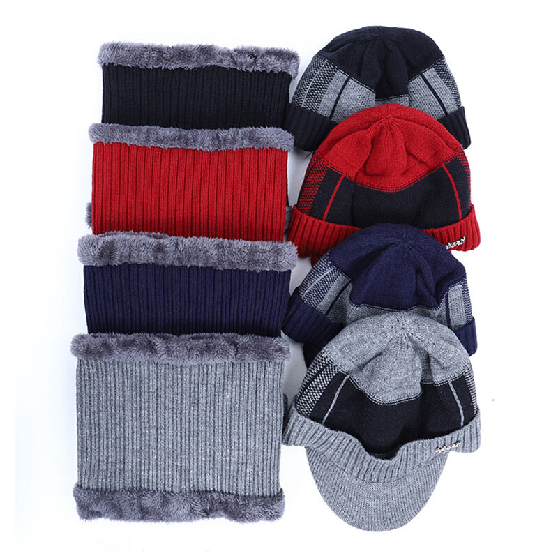 New Winter Men Warm Face Cover Hat Suit Thick Short Brim Dome Bonnet Soft Comfortable Knit Hats Scarf Two-piece