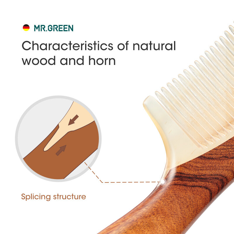 MR.GREEN مشط الخشب الطبيعي مع القرن الربط هيكل غرامة الأسنان مشط الشعر مكافحة ساكنة رئيس الوخز بالإبر نقطة تدليك هدية