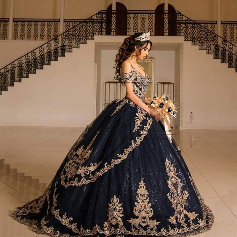 فساتين أميرة الأزرق الداكن Quinceanera 2022 مزينة بالدانتيل على شكل قلب Vestidos De 15 Años الأميرة الكرة ثوب حلو 16 فستان