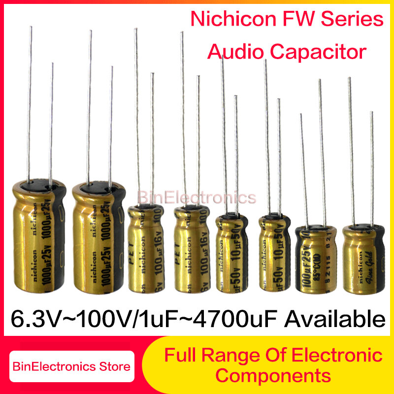 NICHICON FW سلسلة مكثفات كهربائية 6.3 فولت ~ 100 فولت/1 فائق التوهج ~ 4700 فائق التوهج متاح HIFI الصوت مكثف Nichicon حمى الصوت كهربائيا
