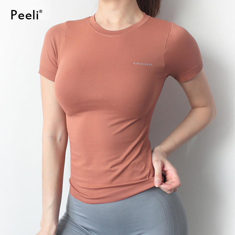 Peeli-تي شيرت يوجا نسائي بدون خياطة ، ملابس لياقة بدنية ، قميص يوجا بأكمام قصيرة ، توب للجري ، ملابس رياضية نشطة