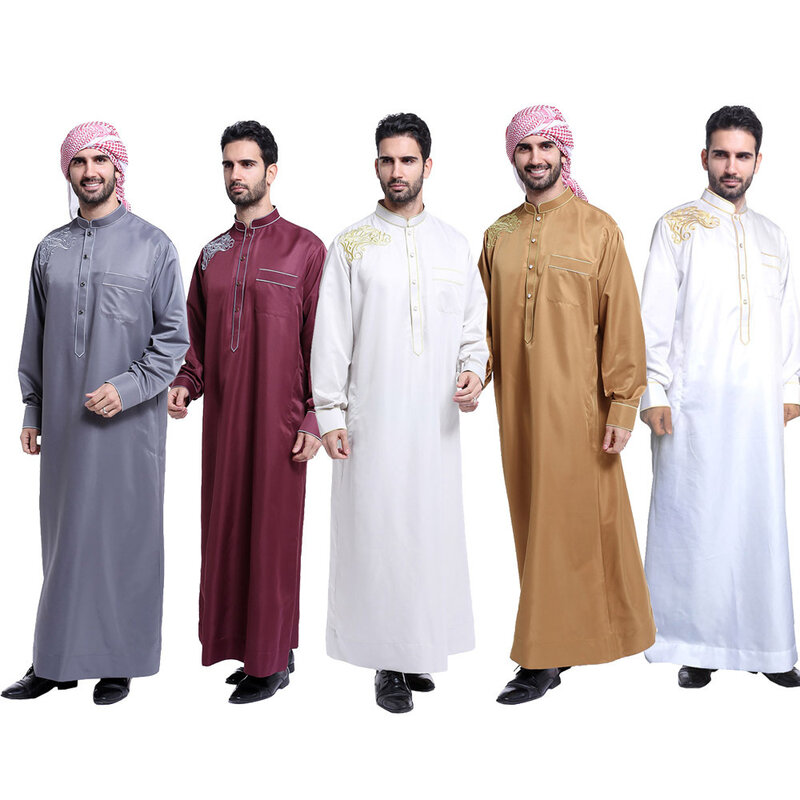 جديد مسلم مغربي طويل الأكمام الرجال الإسلامية التطريز بلون رداء العربية قفطان السعودية دبي ملابس الرجال عباية العبادة