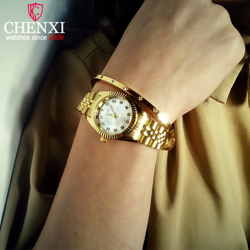 CHENXI الفاخرة النساء الساعات السيدات موضة ساعة كوارتز للنساء الذهبي الفولاذ المقاوم للصدأ ساعات المعصم ساعة عادية الإناث xfcs