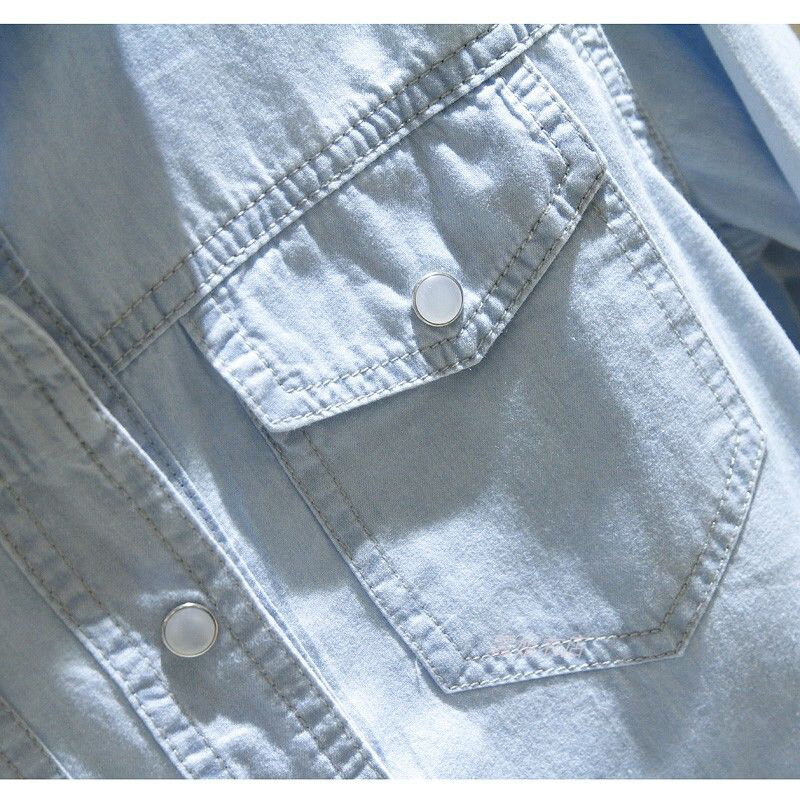 بلوزة نسائية من الدنيم ، قميص نسائي بأكمام طويلة مع ياقة مطوية ، بلوزة غير رسمية بجيب مزدوج ، جودة عالية ، S304