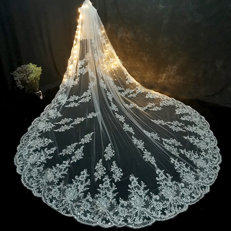 فاخر طويل الحجاب الزفاف الأبيض العاج الحجاب الزفاف مع مشط الدانتيل حافة زين أنيقة طول الكاتدرائية اكسسوارات الزفاف