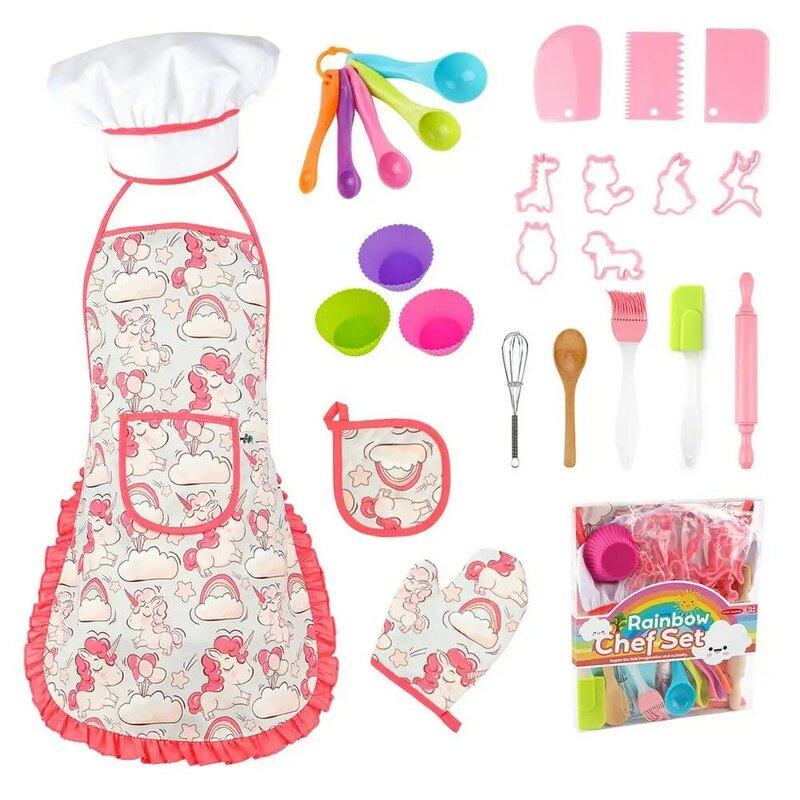 مجموعة أدوات الخبز والطهي من Real Kids للأطفال في سن 3 بما في ذلك المئزر الوردي قبعة طاهٍ فرن ميت كوكي قواطع للأطفال