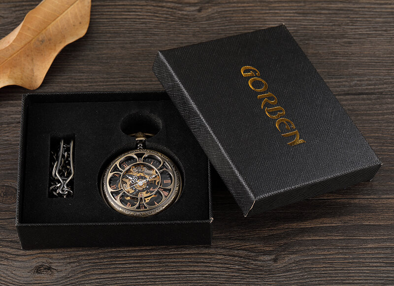 البرونزية الميكانيكية اليد الرياح جيب الساعات الأرقام الرومانية الطلب الهيكل العظمي الميكانيكية ساعة الوجه الرجال على مدار الساعة مع فوب سلسلة هدية صندوق