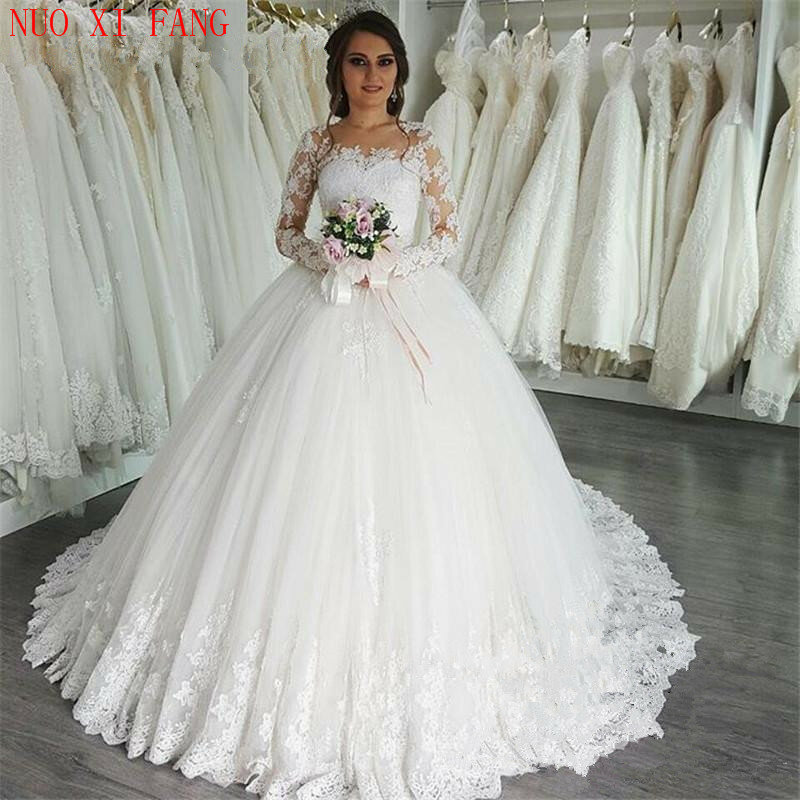 فستان زفاف عربي بتصميم مزين بالدانتيل 2023 bruidsjurken بأكمام طويلة ورقبة واسعة ورقبة واسعة فستان زفاف الأميرة