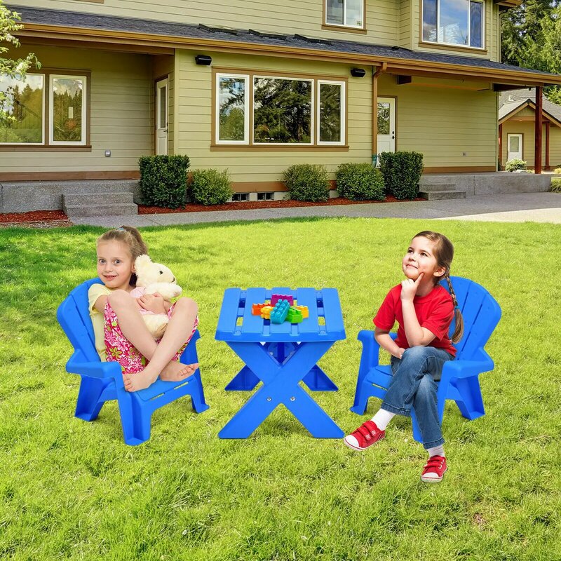 Costway 3 قطعة الأطفال الاطفال مجموعة مقاعد الطاولة لعب الأثاث في الأماكن المغلقة في الهواء الطلق الأزرق HW66278BL
