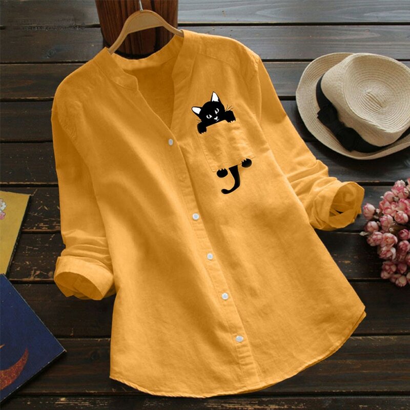 قميص نسائي من القطن والكتان بجيب مطبوع على شكل قطة ، بلوزة كاجوال بأكمام طويلة برقبة على شكل V ، قميص بأزرار لأسفل ، ملابس نسائية 2021