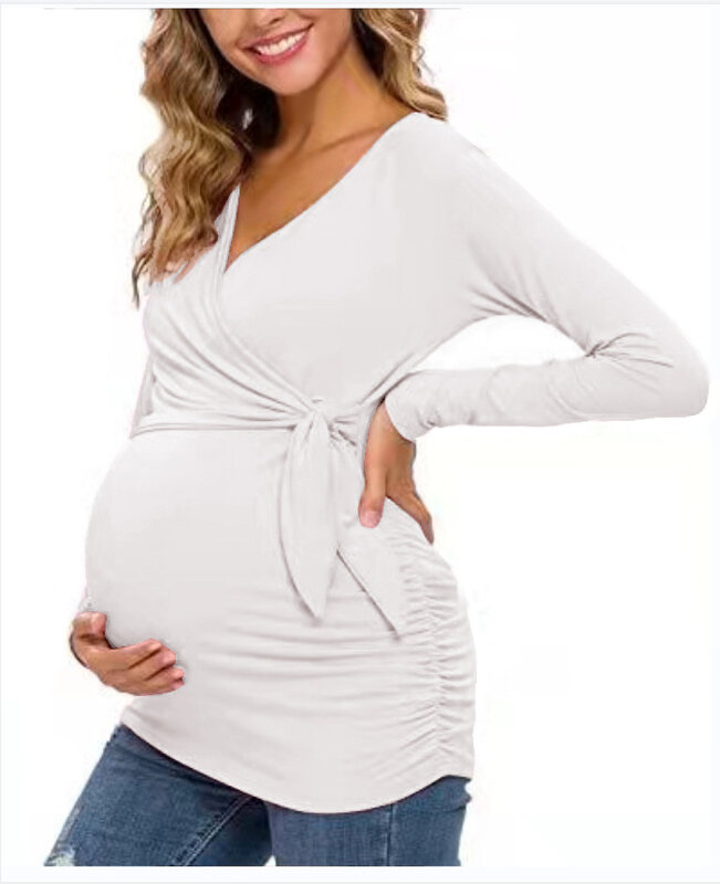 ملابس الأمومة تي شيرت قميص ملابس الأمومة الربيع والخريف بلوزات الرضاعة الطبيعية الخامس الرقبة مثير القمم النساء الحوامل الرضاعة الطبيعية