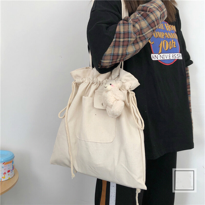 أكياس التسوق النساء منقوشة الرباط عادية قابل للتعديل سعة كبيرة Ins لطيف الطلاب المتسوق حقيبة قماش قنب بسيط الكورية نمط