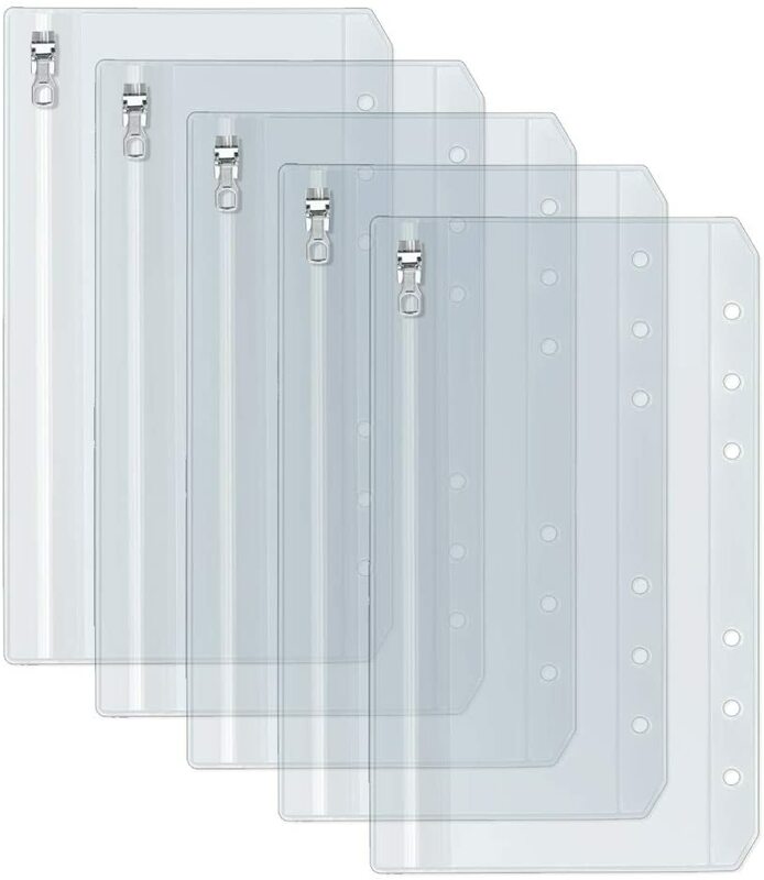 غلاف نقود شفاف A5 A6 مع سحاب معدني ، 6 فتحات لكمات ، جيب ، 6 حلقات ، دفتر ملاحظات ، منظم الحقيبة