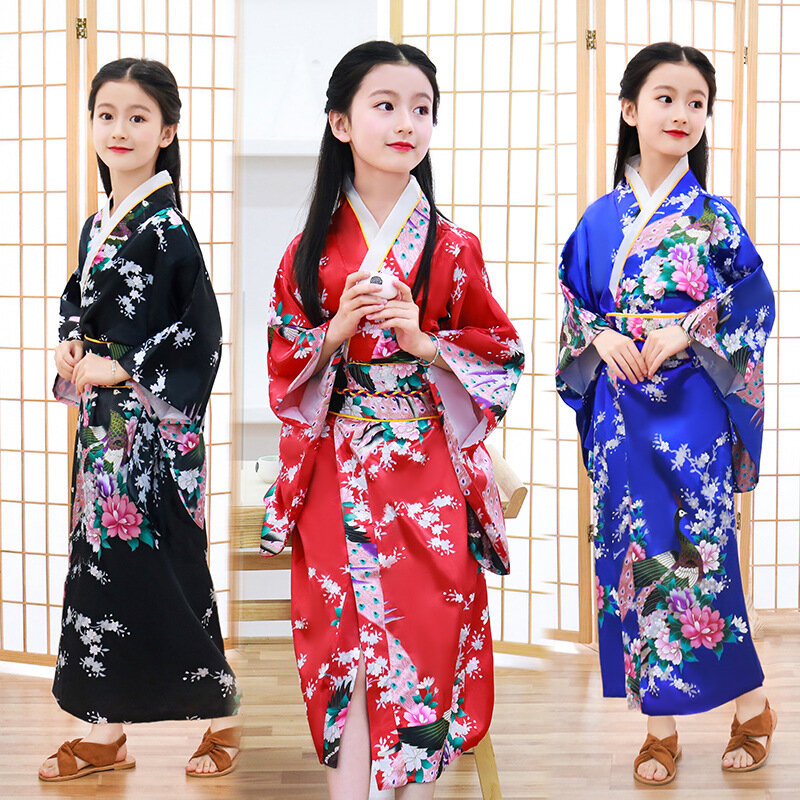 التقليدية اليابانية 12 ألوان الأطفال كيمونو نمط الطاووس يوكاتا فستان لفتاة طفل تأثيري اليابان Haori زي الملابس الآسيوية