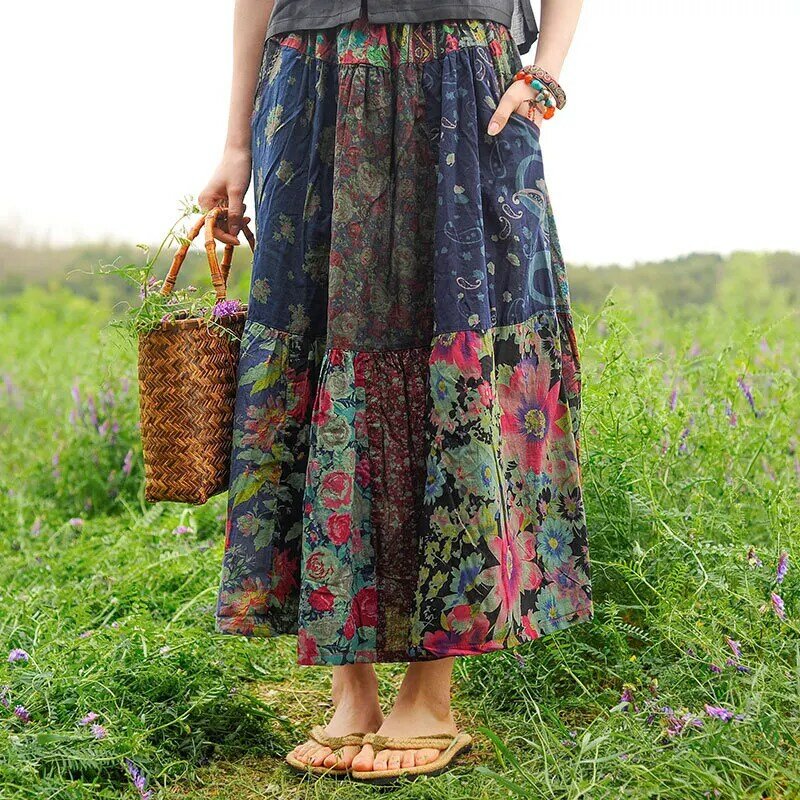 الصيف المرأة تنورة البوهيمي نمط طباعة تنورة النمط الصيني مرونة الخصر خليط تنورة التنانير الطويلة